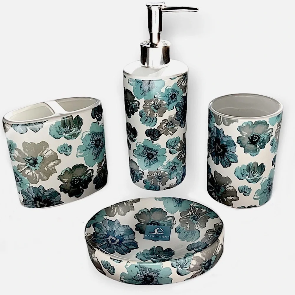 Sunburst Blue Grey Moth Clay Floral Ceramic Soap Lotion Dispenser 16 Oz